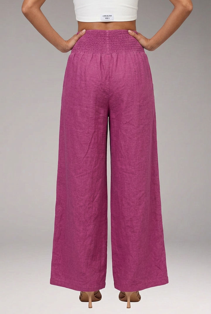 Women's Wide-Leg Trousers with Smocked High Waist and Pleated Front