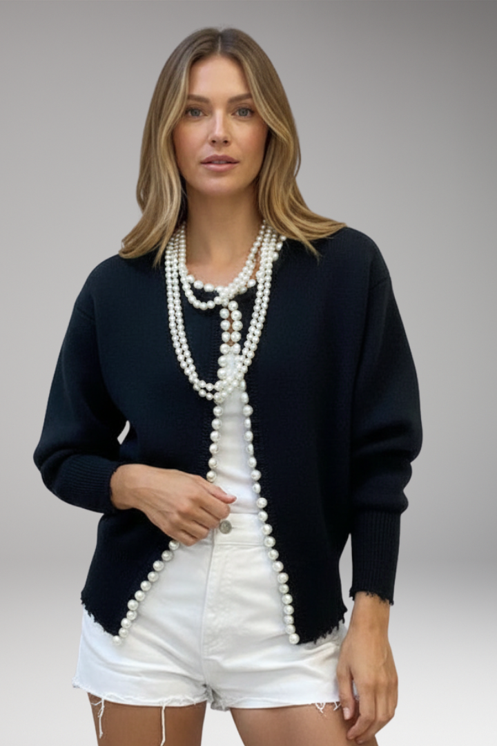 Women's Cardigan with Pearl Trim and Raw Hem