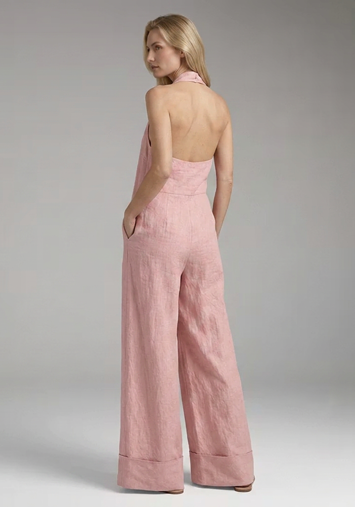 Women’s Halter-Neck Wide-Leg Jumpsuit with Deep V-Neckline