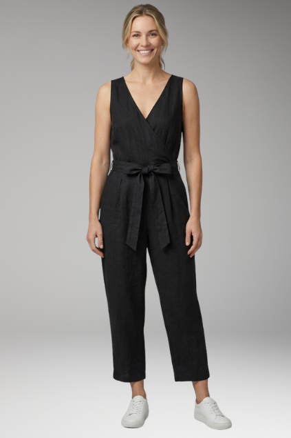 Women's Jumpsuit with V Neck and Waist Tie Belt