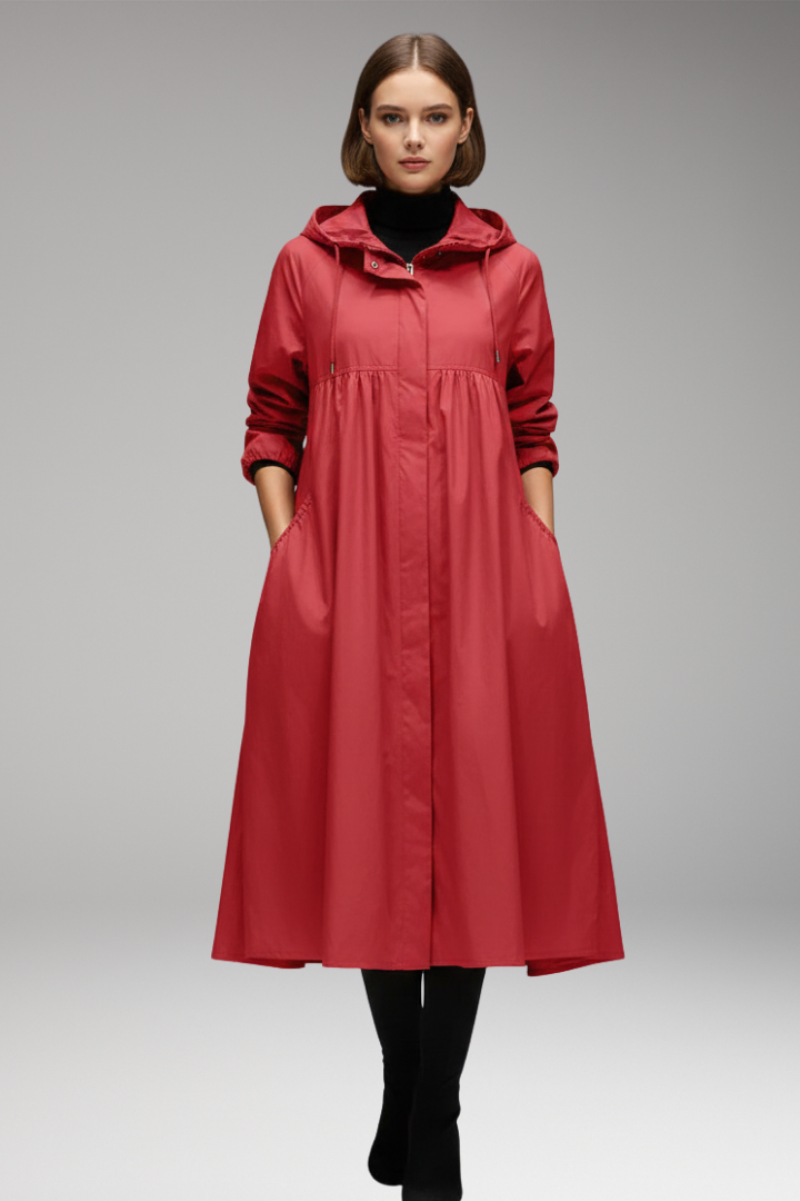 Women's Long Coat with Hood and Front Zipper