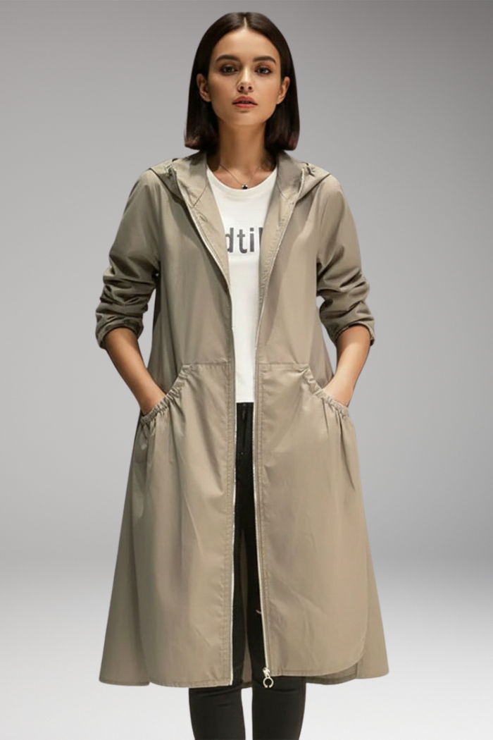 Women's Long Coat with Hood and Front Zipper