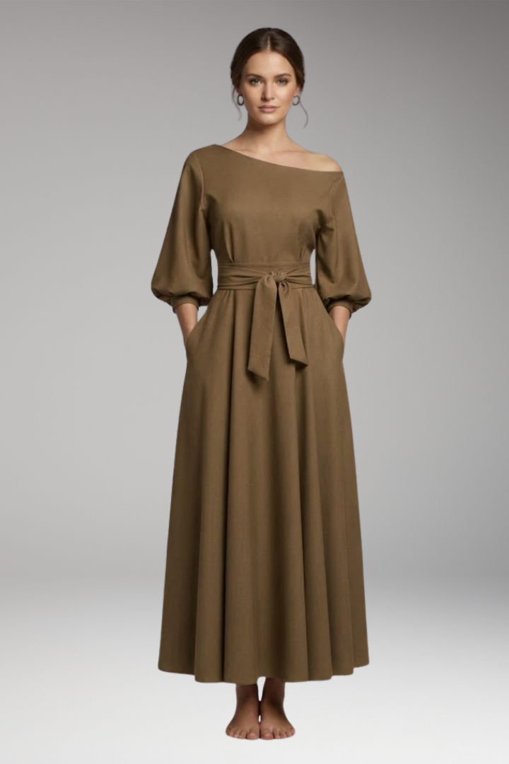 Women's Midi Dress with Lantern Sleeves and Off-Shoulder Cut