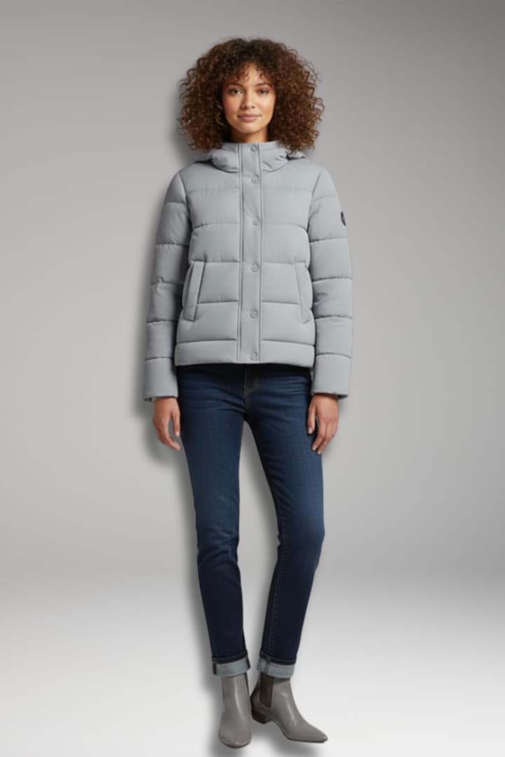 Women's Puffer Jacket with High Collar and Zipper Closure