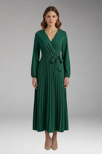 Women's Solid-Colored Dress with Stand-Up Collar and Pleated Belt