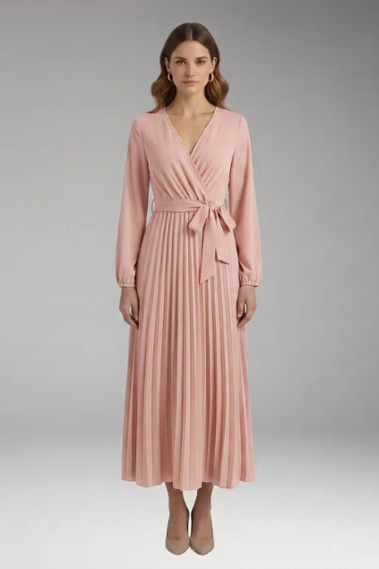Women's Solid-Colored Dress with Stand-Up Collar and Pleated Belt