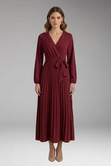 Women's Solid-Colored Dress with Stand-Up Collar and Pleated Belt