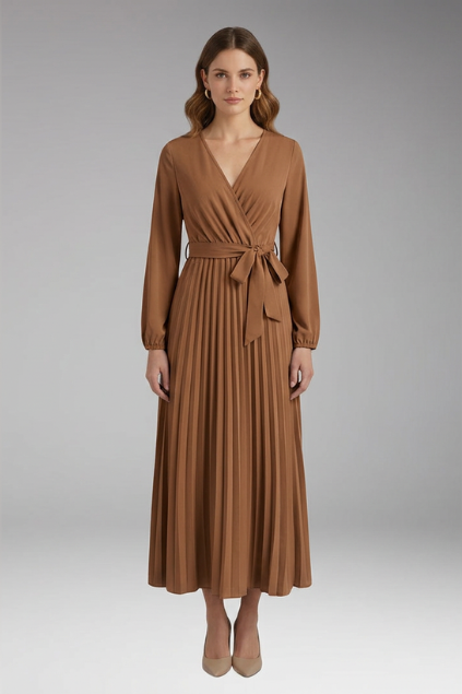Women's Solid-Colored Dress with Stand-Up Collar and Pleated Belt
