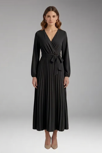 Women's Solid-Colored Dress with Stand-Up Collar and Pleated Belt
