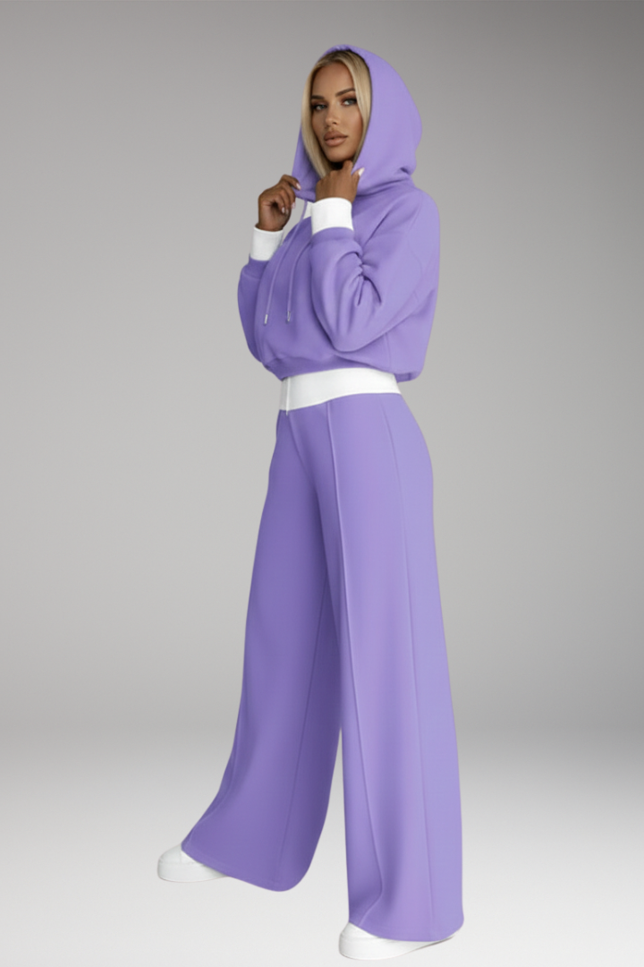 Women's Tracksuit Set with Drawstring Hoodie and Wide-Leg Pants