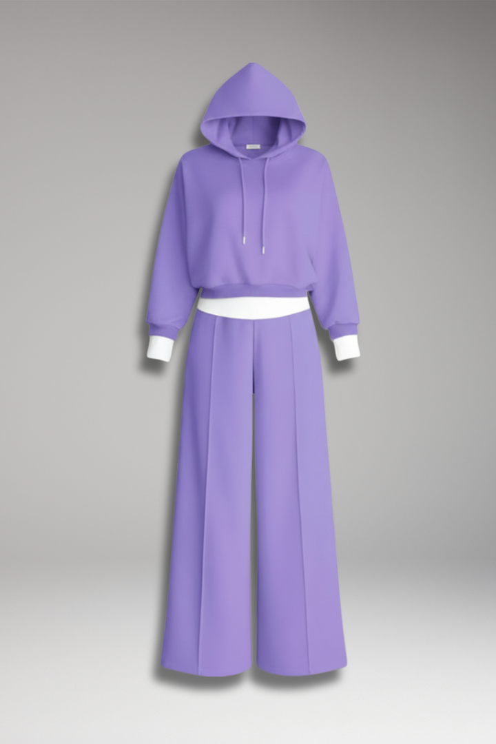 Women's Tracksuit Set with Drawstring Hoodie and Wide-Leg Pants