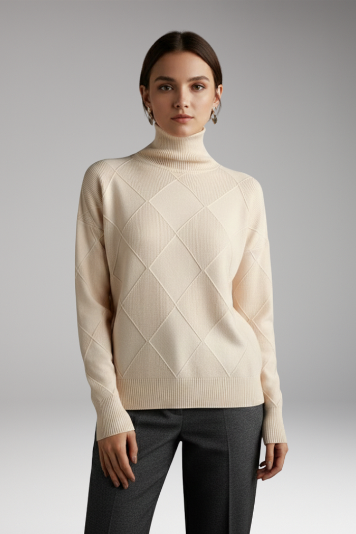 Women's Turtleneck Sweater with Ribbed Cuffs and Textured Knit