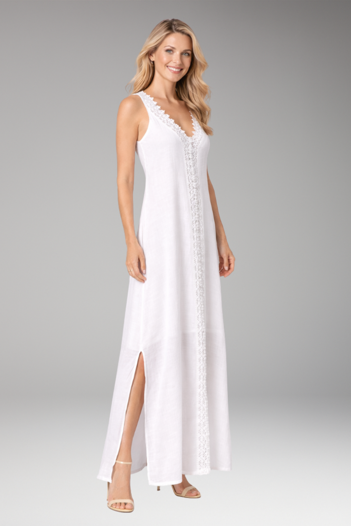 Women's boho sleeveless V-neck lace trim maxi dress