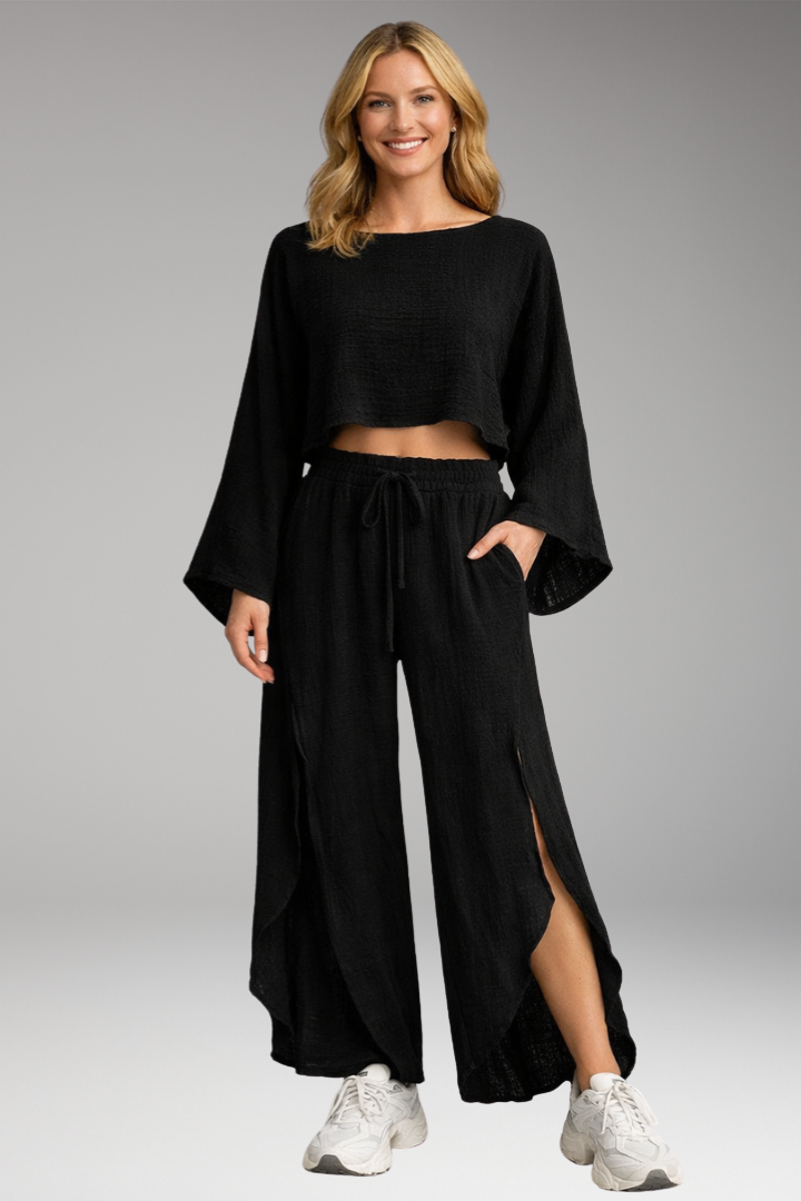 Women's co-ord set cropped long sleeve top and wide-leg slit pants