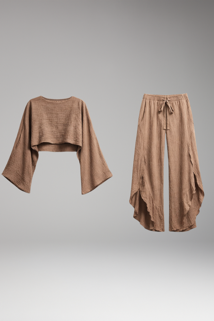 Women's co-ord set cropped long sleeve top and wide-leg slit pants