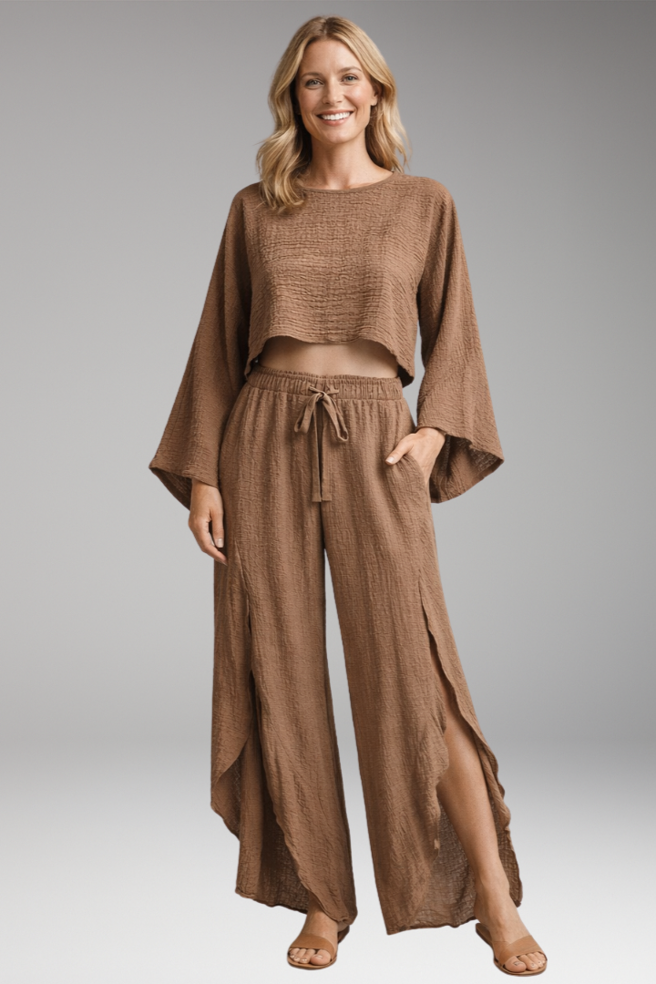 Women's co-ord set cropped long sleeve top and wide-leg slit pants