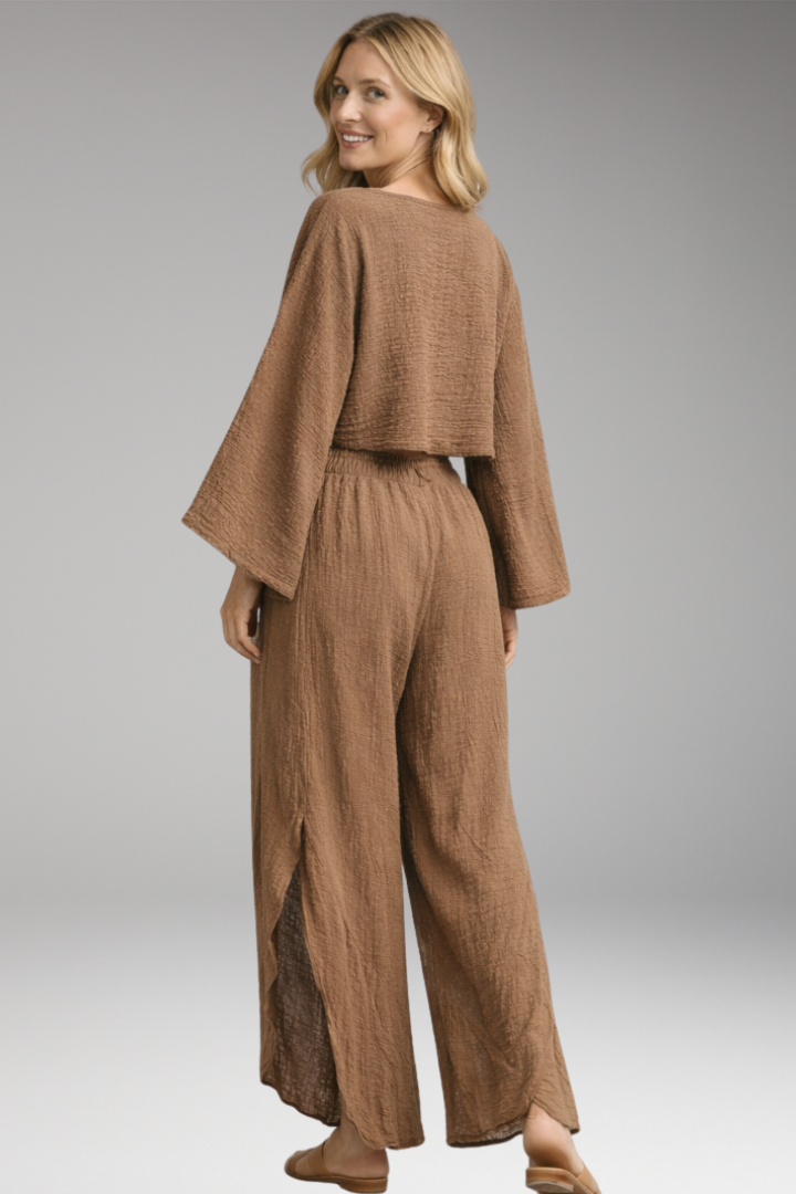 Women's co-ord set cropped long sleeve top and wide-leg slit pants