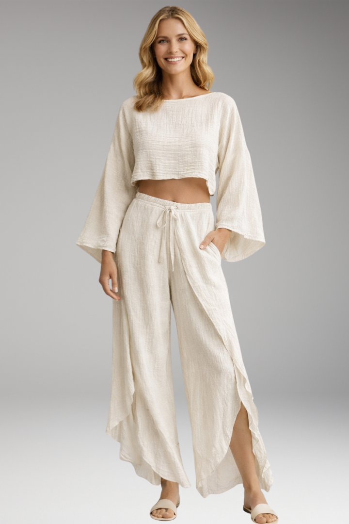 Women's co-ord set cropped long sleeve top and wide-leg slit pants