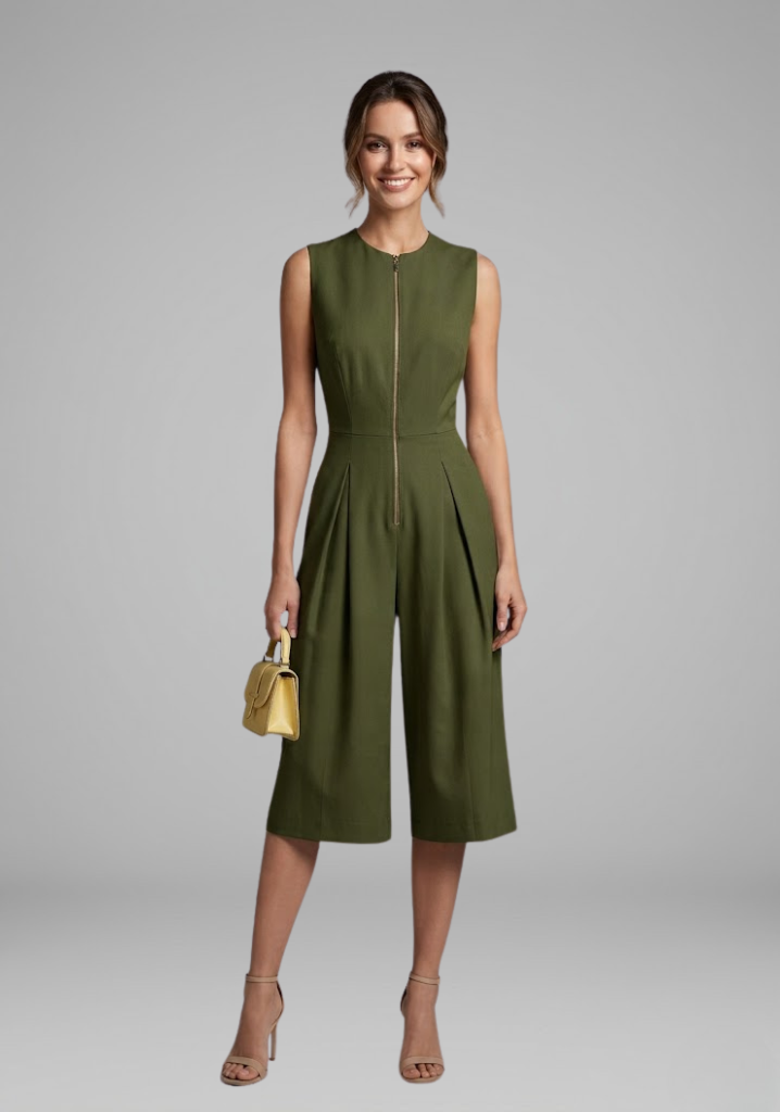 Women's cropped round neck cropped leg jumpsuit with Front Zipper for Summer