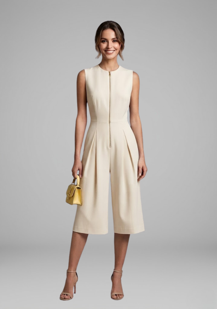 Women's cropped round neck cropped leg jumpsuit with Front Zipper for Summer