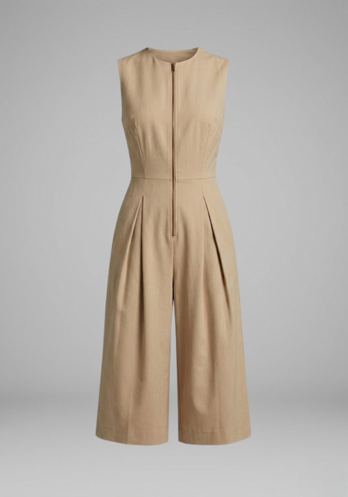 Women's cropped round neck cropped leg jumpsuit with Front Zipper for Summer