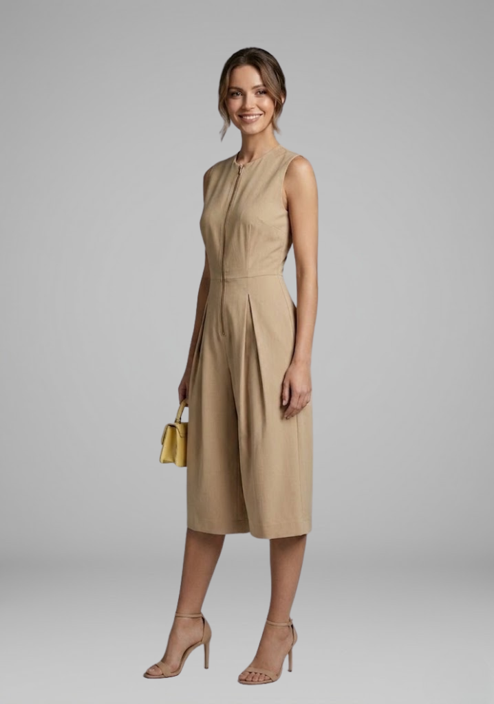 Women's cropped round neck cropped leg jumpsuit with Front Zipper for Summer