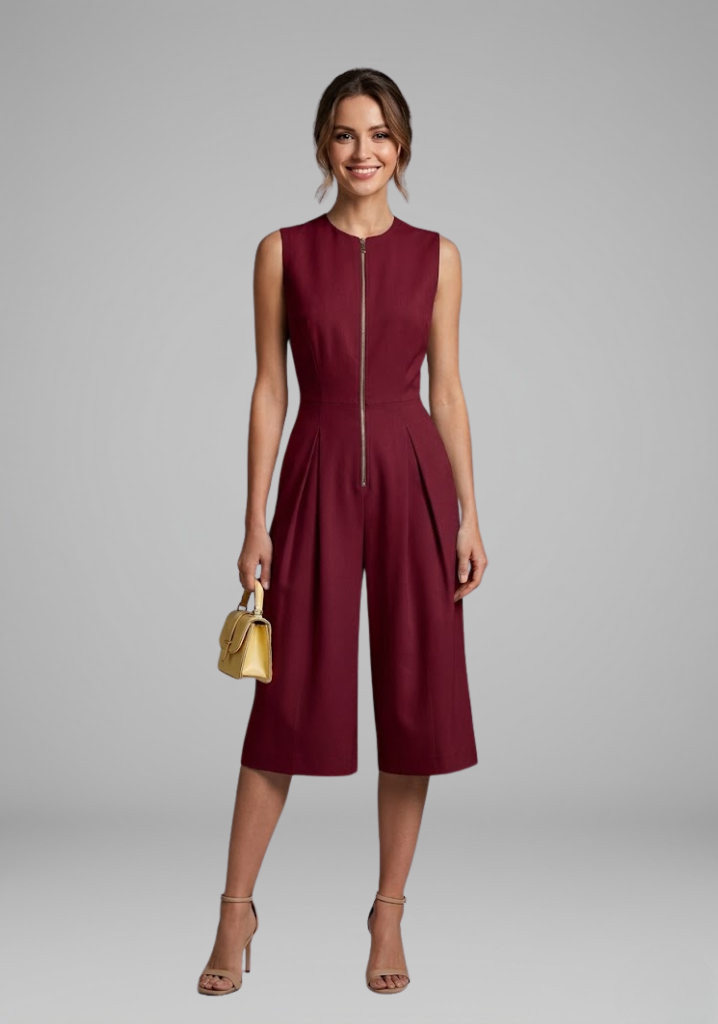 Women's cropped round neck cropped leg jumpsuit with Front Zipper for Summer