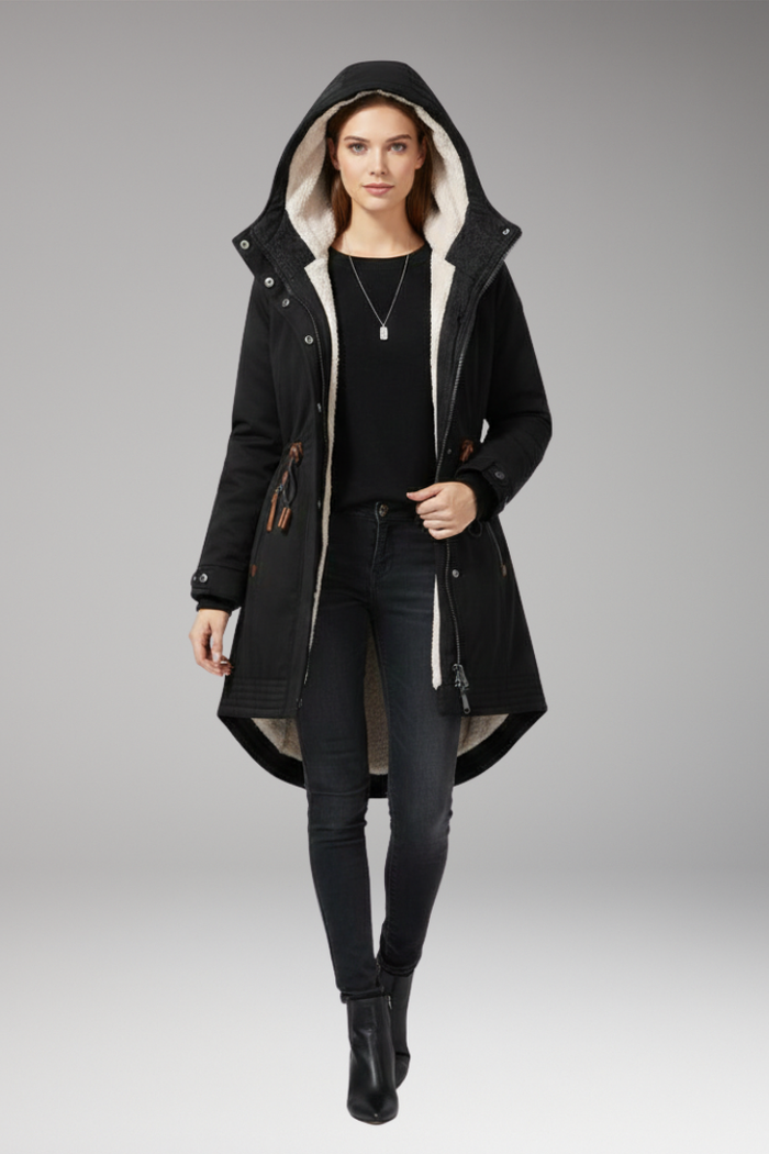 Women's parka with lined hood and adjustable waist