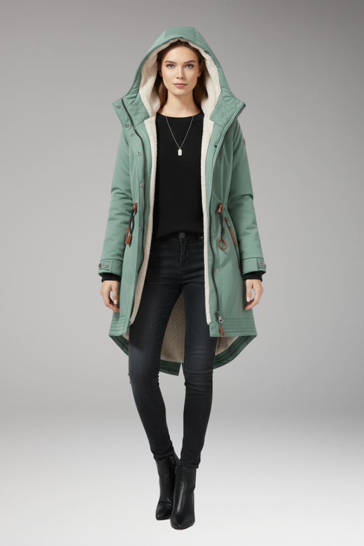 Women's parka with lined hood and adjustable waist