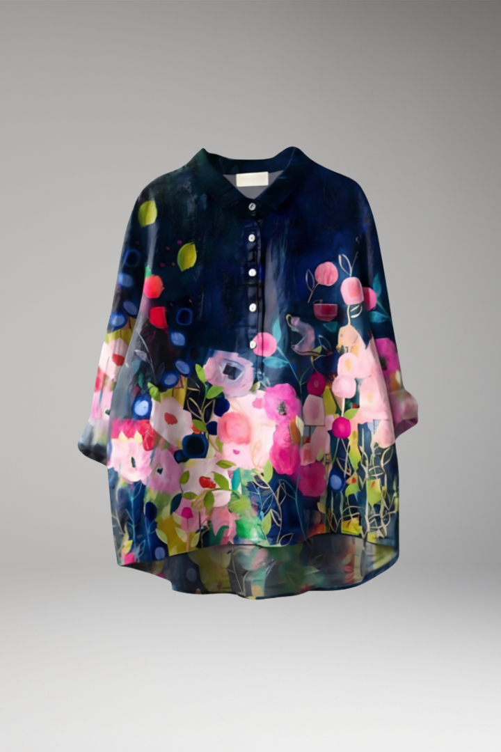 Women's Blouse with Floral Print and Rolled Sleeves