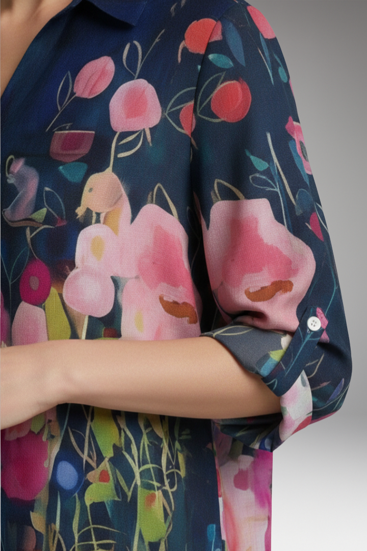 Women's Blouse with Floral Print and Rolled Sleeves