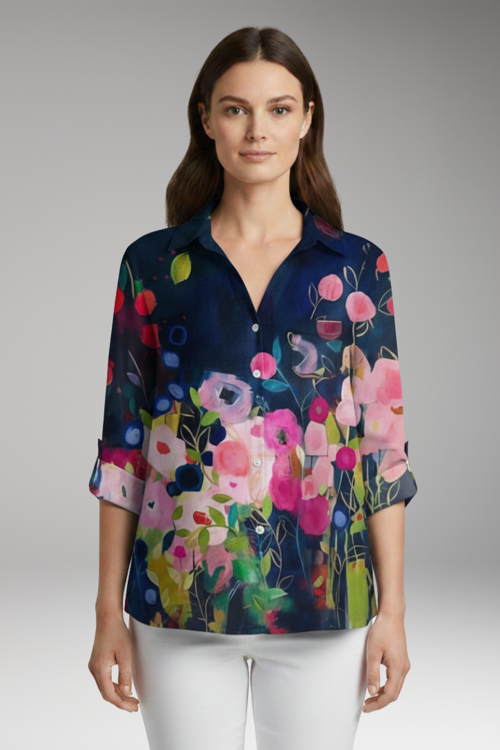 Women's Blouse with Floral Print and Rolled Sleeves