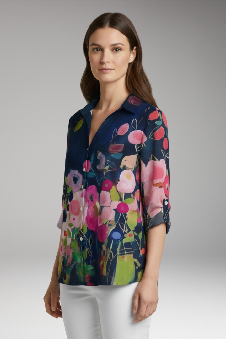 Women's Blouse with Floral Print and Rolled Sleeves