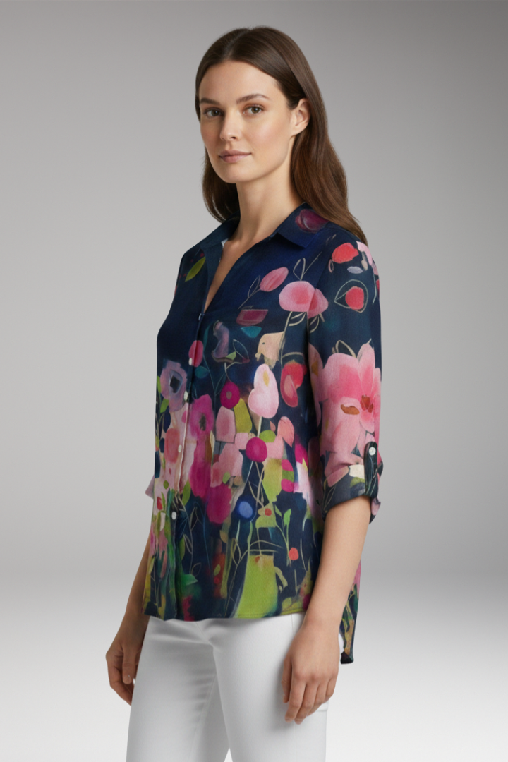 Women's Blouse with Floral Print and Rolled Sleeves