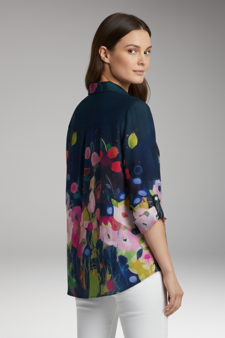 Women's Blouse with Floral Print and Rolled Sleeves