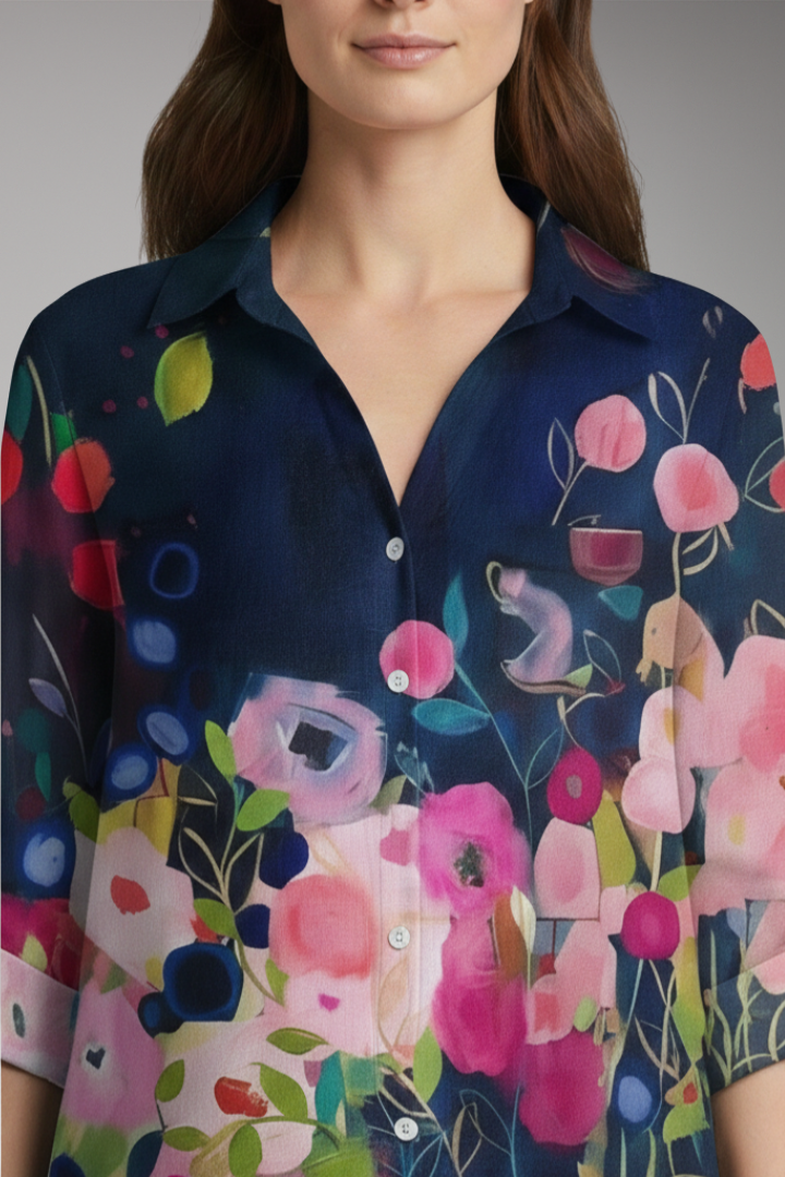 Women's Blouse with Floral Print and Rolled Sleeves