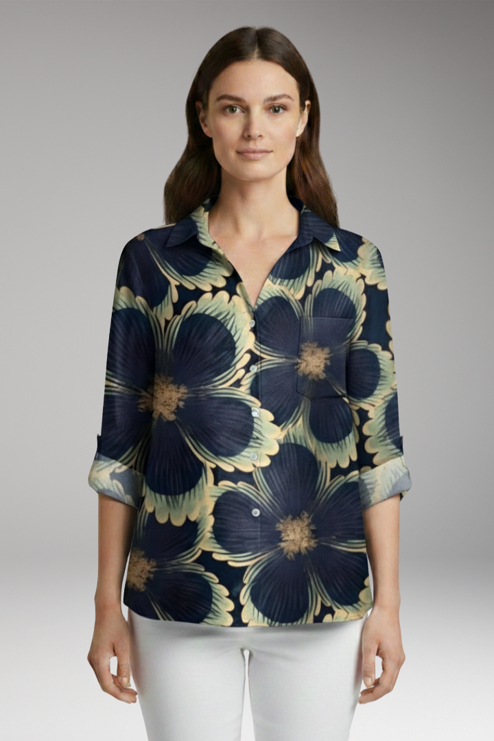 Women's Blouse with Floral Print and Rolled Sleeves