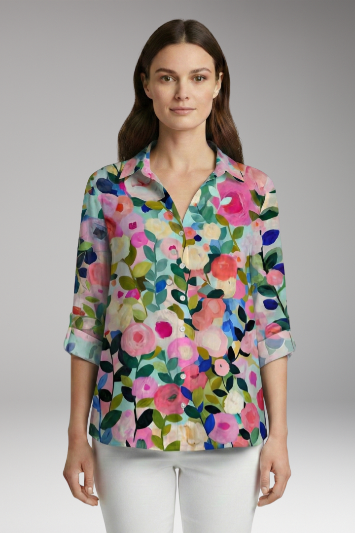 Women's Blouse with Floral Print and Rolled Sleeves
