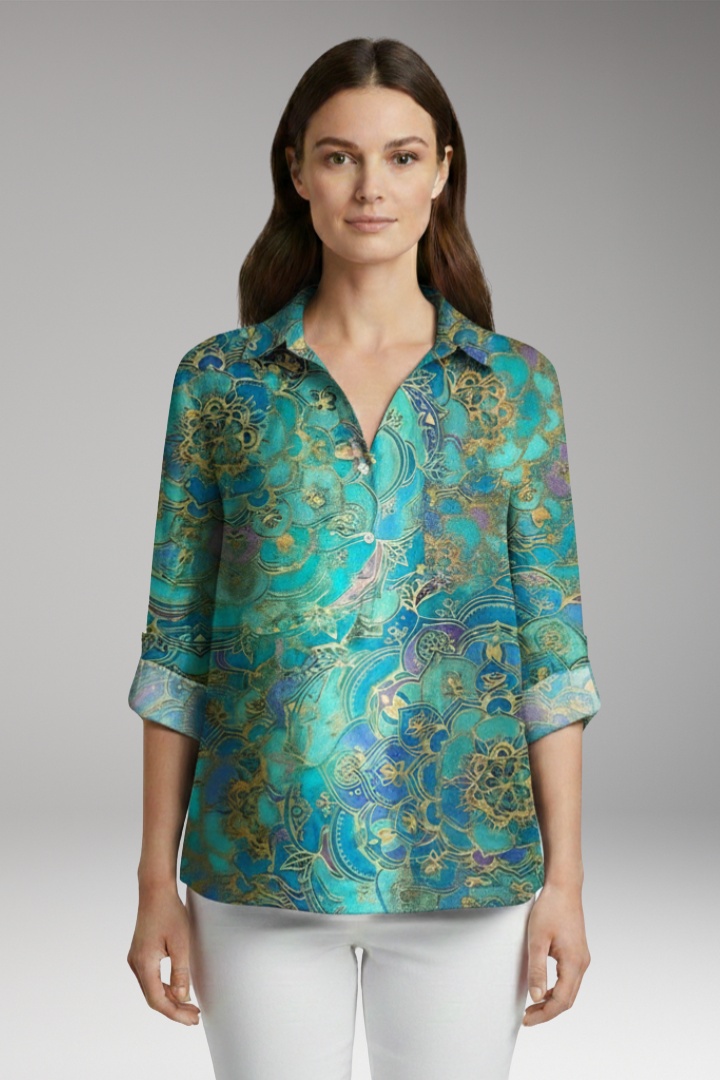 Women's Blouse with Floral Print and Rolled Sleeves