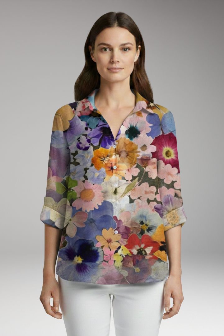 Women's Blouse with Floral Print and Rolled Sleeves