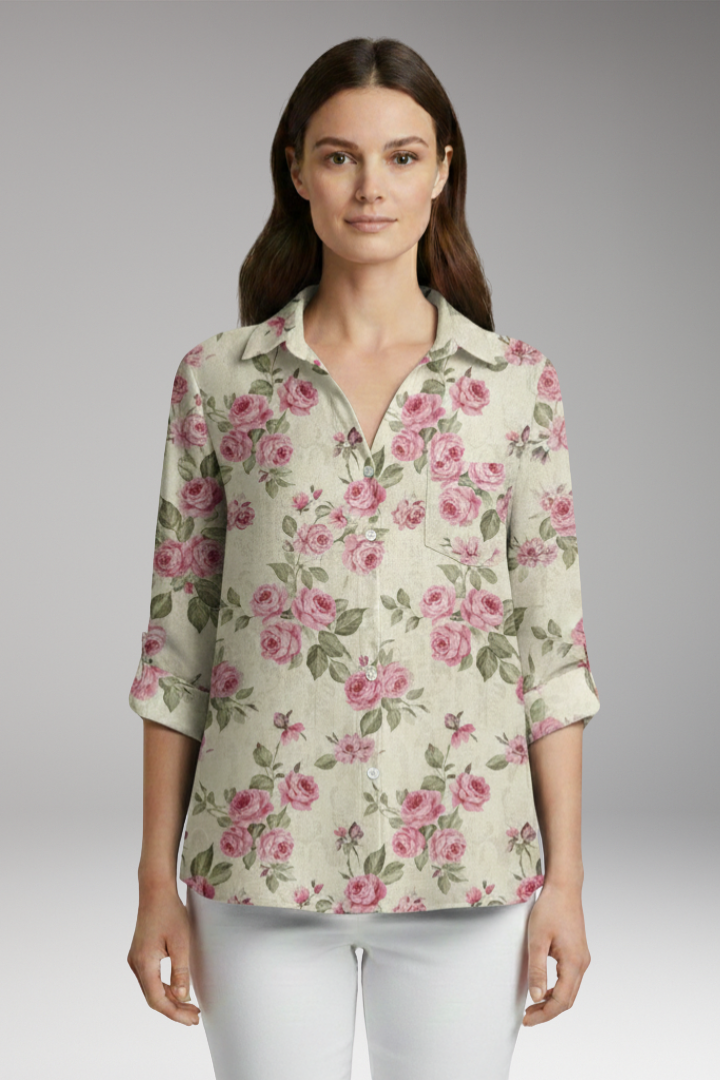 Women's Blouse with Floral Print and Rolled Sleeves