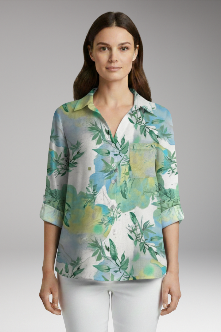 Women's Blouse with Floral Print and Rolled Sleeves