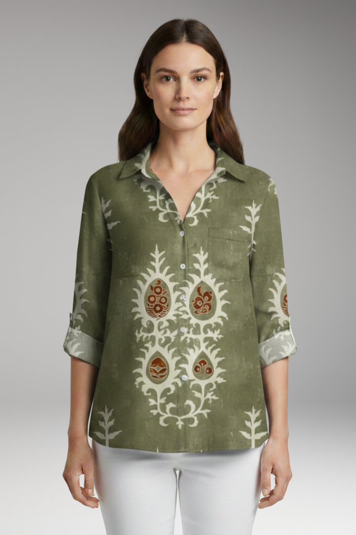 Women's Blouse with Floral Print and Rolled Sleeves