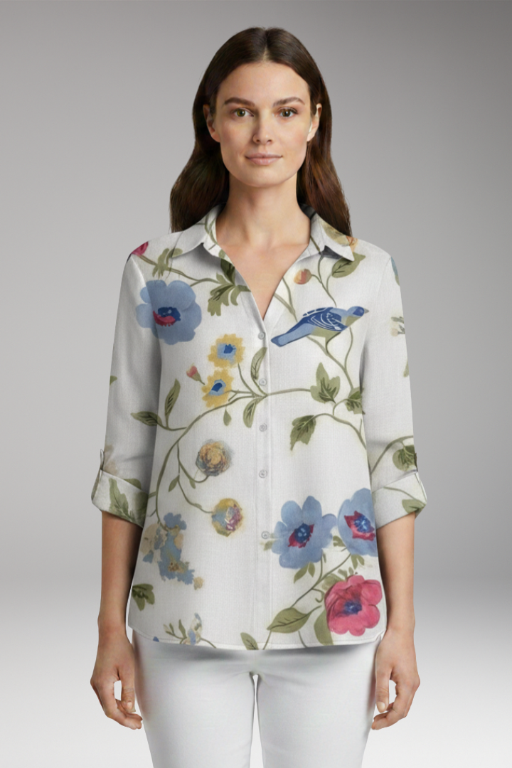 Women's Blouse with Floral Print and Rolled Sleeves