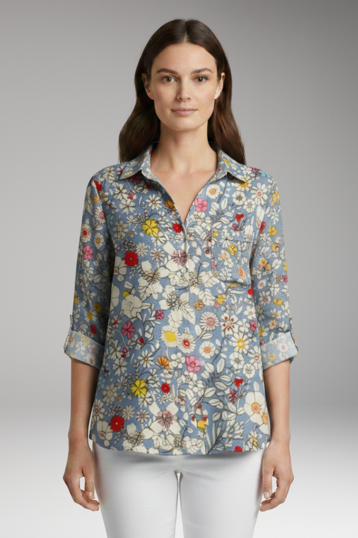 Women's Blouse with Floral Print and Rolled Sleeves