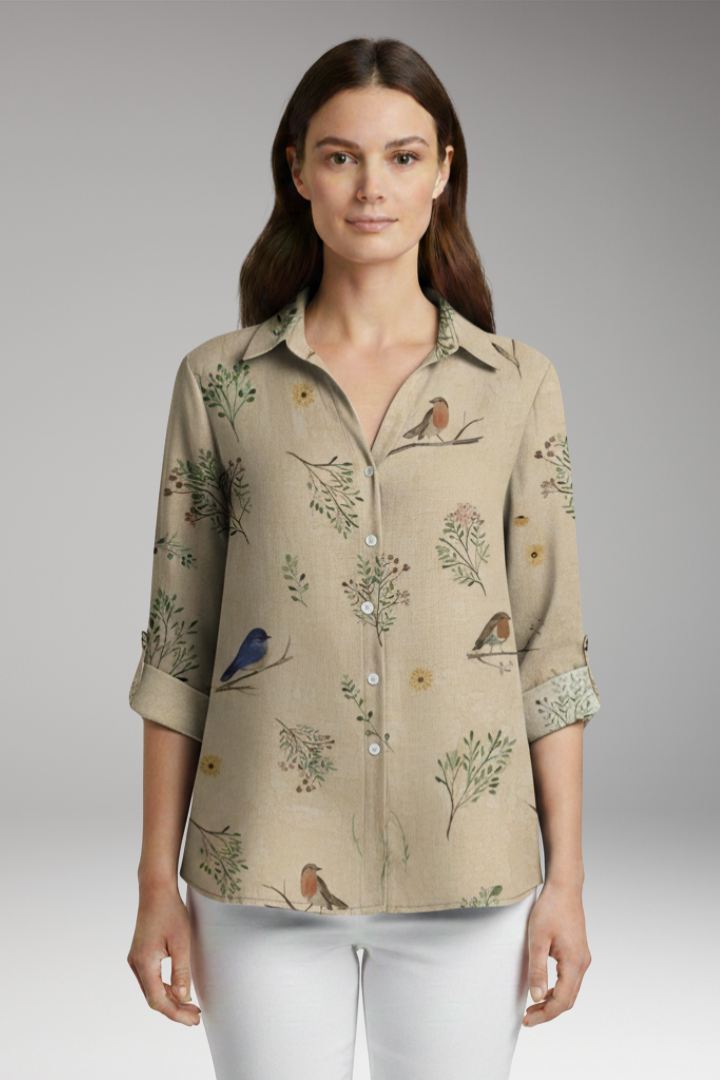 Women's Blouse with Floral Print and Rolled Sleeves