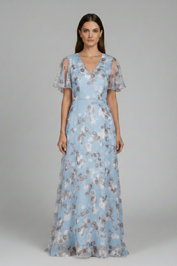 Women's Floral Maxi Dress with V-Neck and Ruffle Sleeves