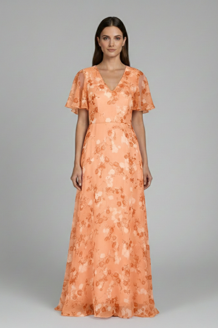 Women's Floral Maxi Dress with V-Neck and Ruffle Sleeves
