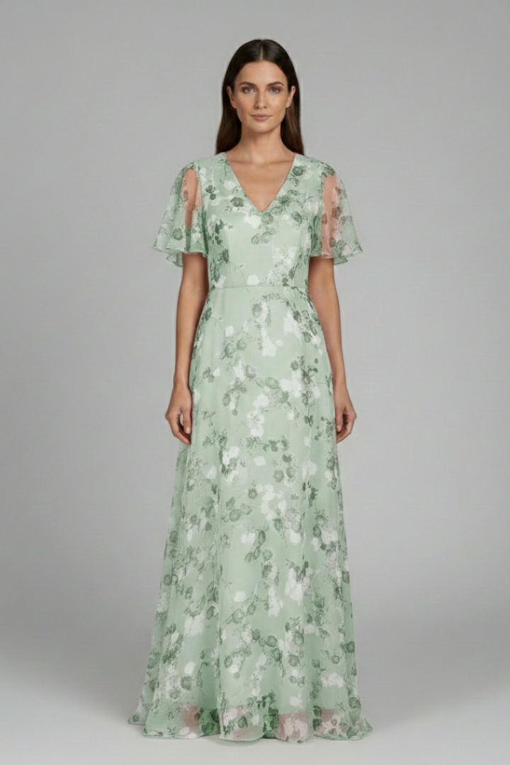 Women's Floral Maxi Dress with V-Neck and Ruffle Sleeves