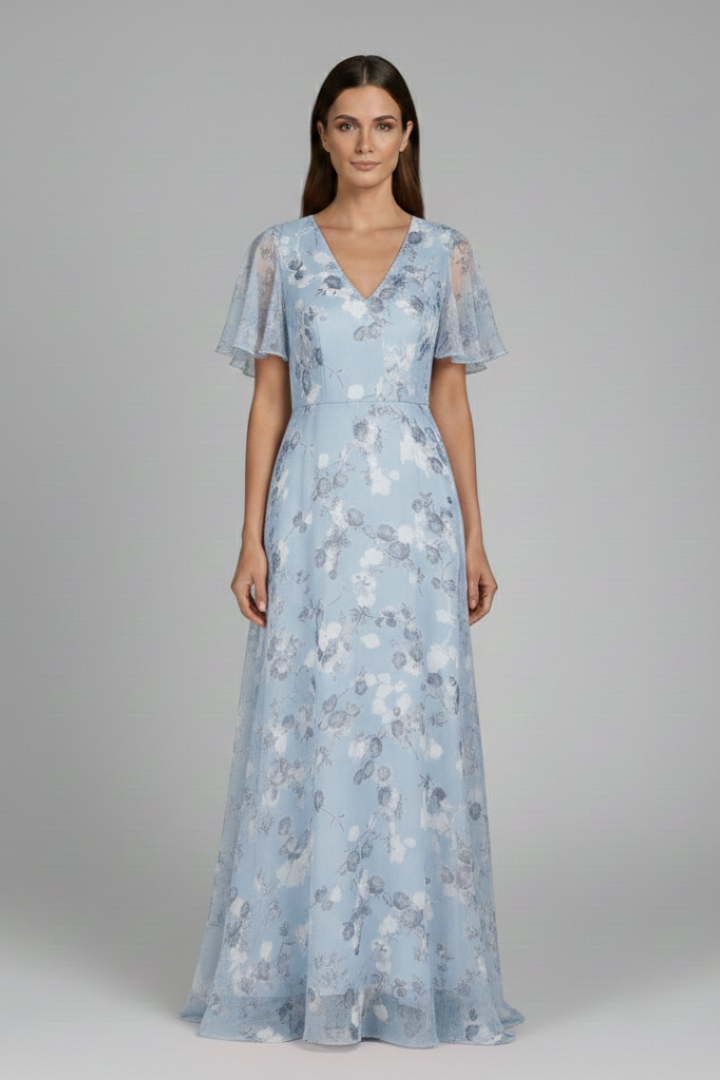 Women's Floral Maxi Dress with V-Neck and Ruffle Sleeves
